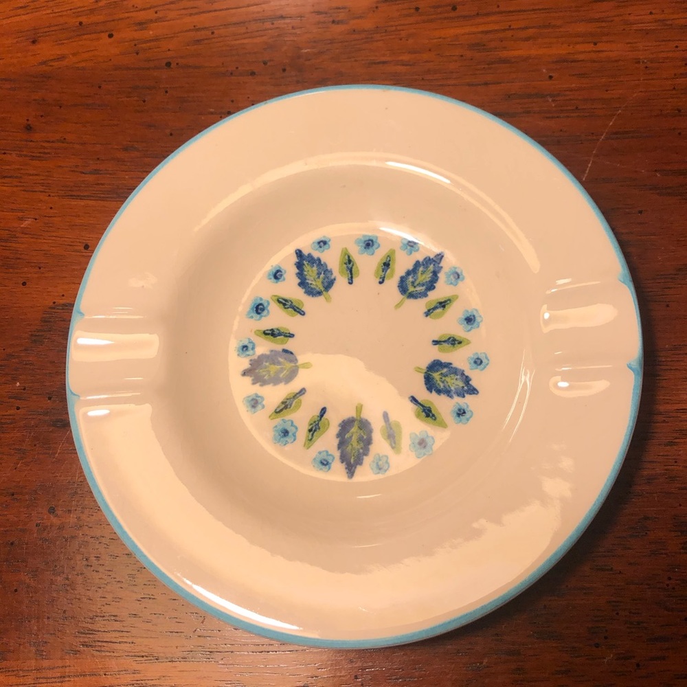 Vintage Round White Ashtray With Blue & Green Leaf Print Made in America